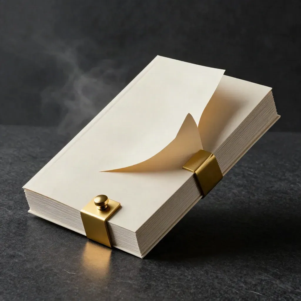 Cream review bundle with gold band and brass weight on dark felt, lit dramatically.