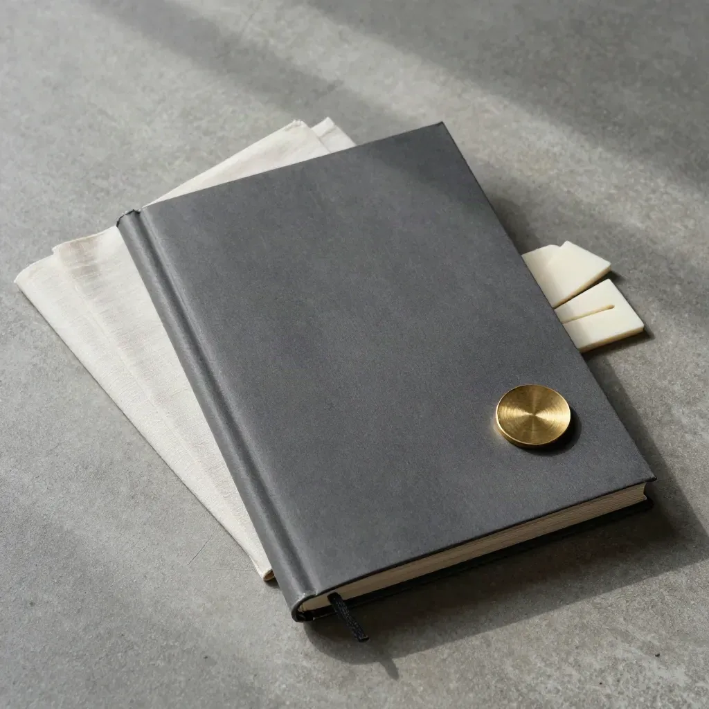 Charcoal folio with linen swatch, brass token, and ivory divider cards on concrete.