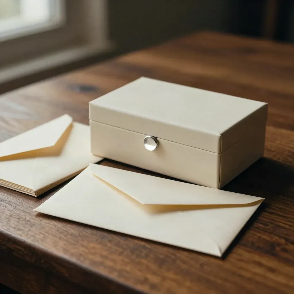 Ivory reserve box, sealed envelope and ledger cards on oak in warm window haze.