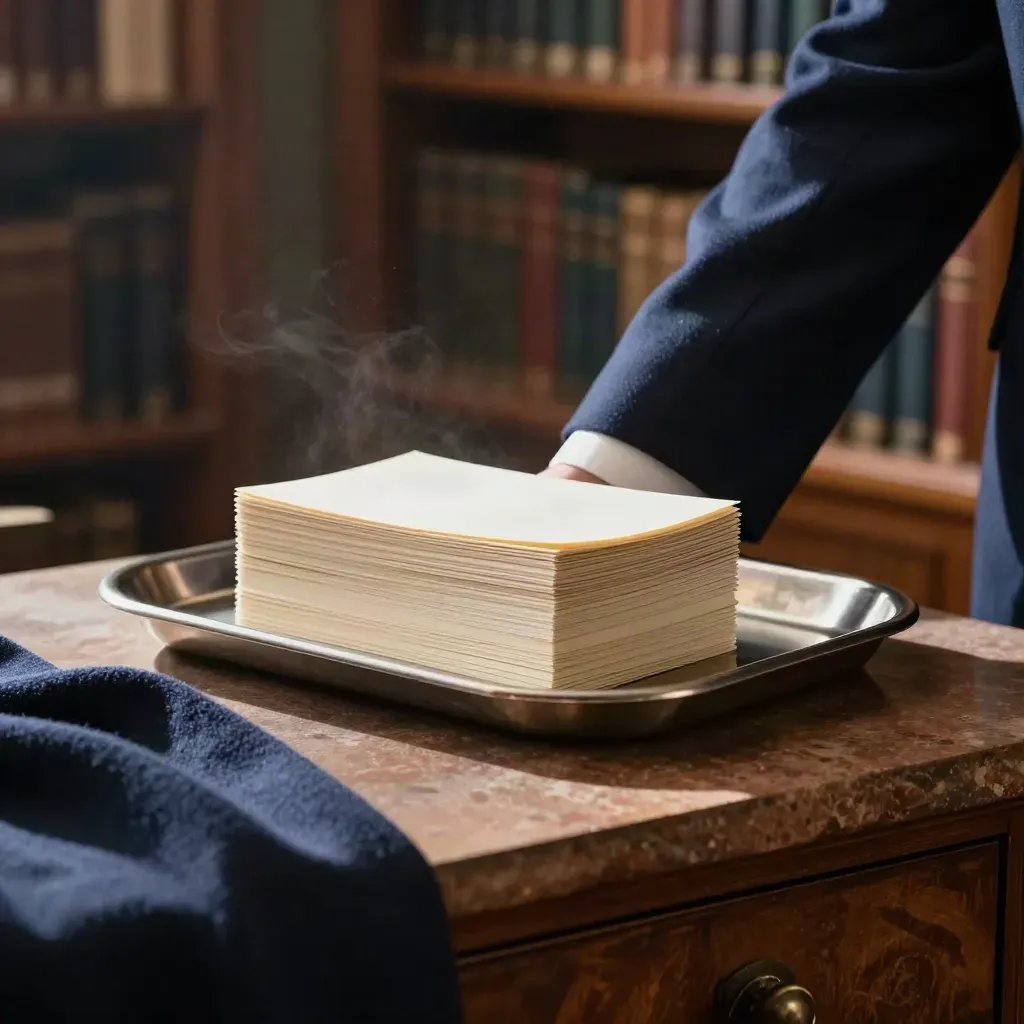 Navy equity sleeve with cream cards slipping from a metal tray on wool cloth, in a soft-lit library