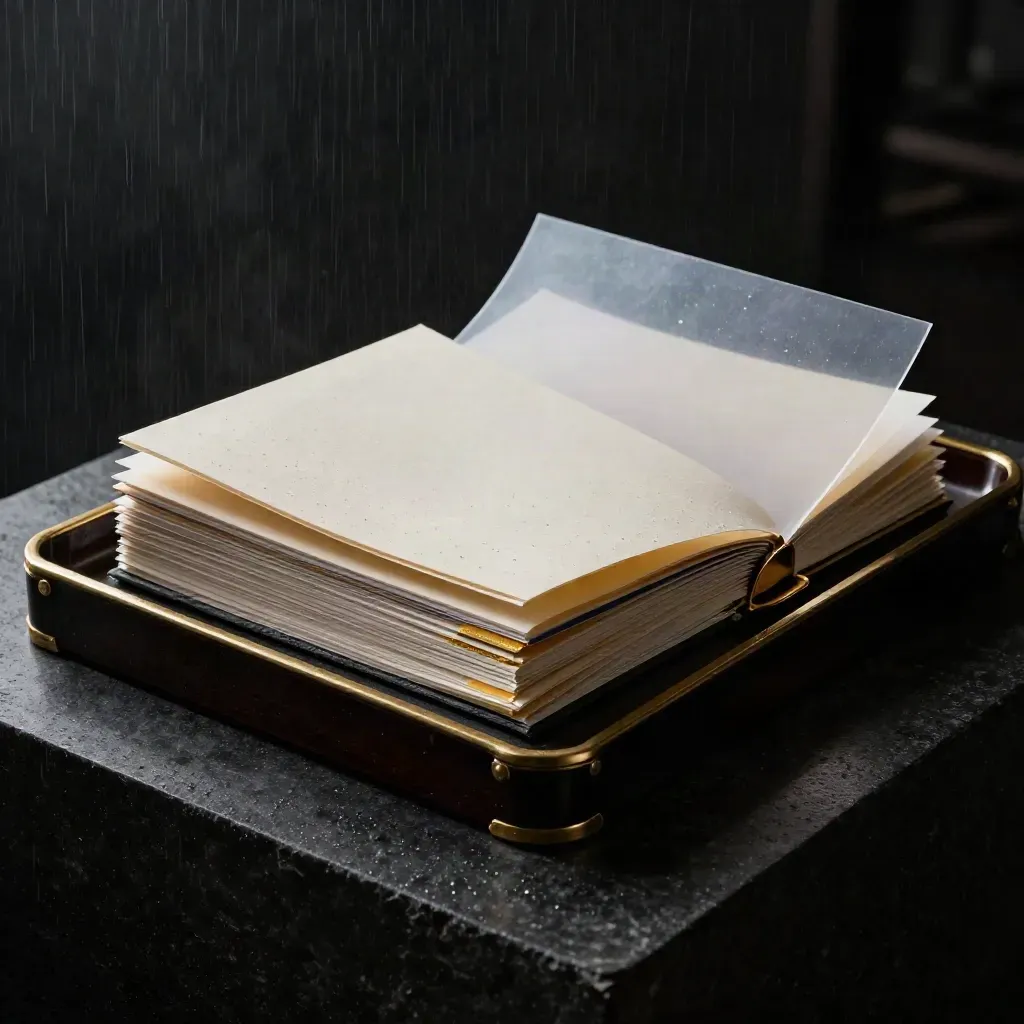 Dark lacquer portfolio tray with brass trim and slate cards in dramatic misty light.