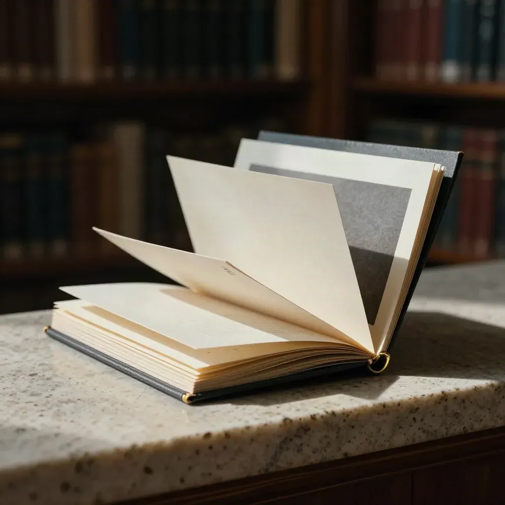 Half-open market note booklet with brass clip on travertine, pages lifting in soft light.